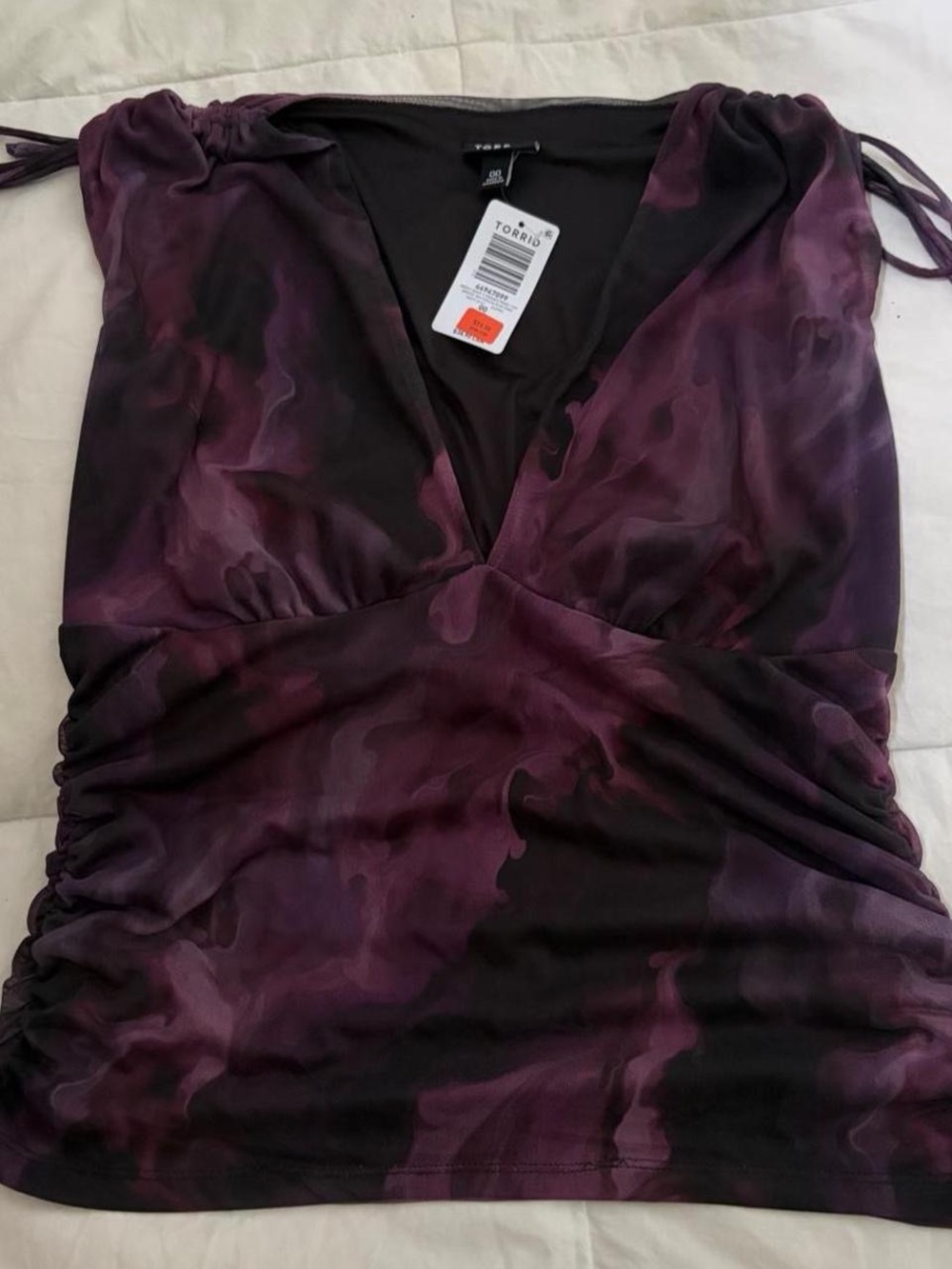 Torrid Mesh Deep V Drawstring Top Purple & Black Size 00 NWT